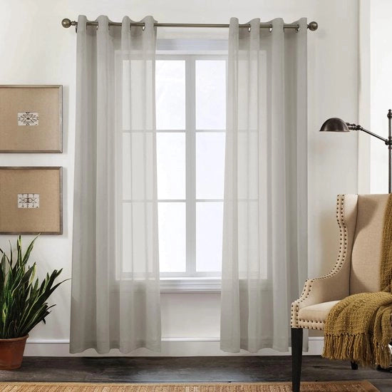 Set di 2 pezzi di tende trasparenti, altezza 300 cm, larghezza 140 cm, colore leggero grigio, facile da pulire, 100% poliestere, finitura lino, voile.