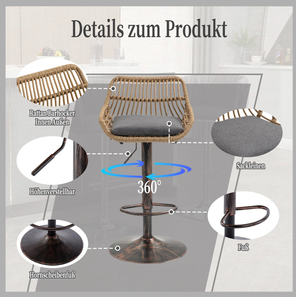 Set di 2 sgabelli da bar girevoli con altezza regolabile; in rattan e lino grigio; 49x48x89-109 cm