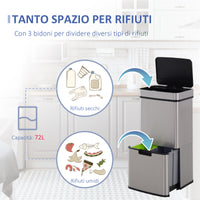Easycomfort Pattumiera 72L a 3 Scomparti con Sensore Infrarossi e Apertura Automatica, in Acciaio e ABS, 42x30x81 cm