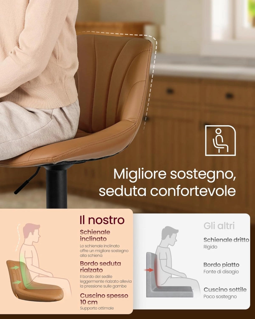 VASAGLE Sgabelli da Bar, Schienale, Sedie da Bar Regolabili in Altezza, Girevoli a 360°, Poggiapiedi Metallo, Sala da Pranzo Cucina, PU, Set di 2, Marrone Caramello LJB181KN01