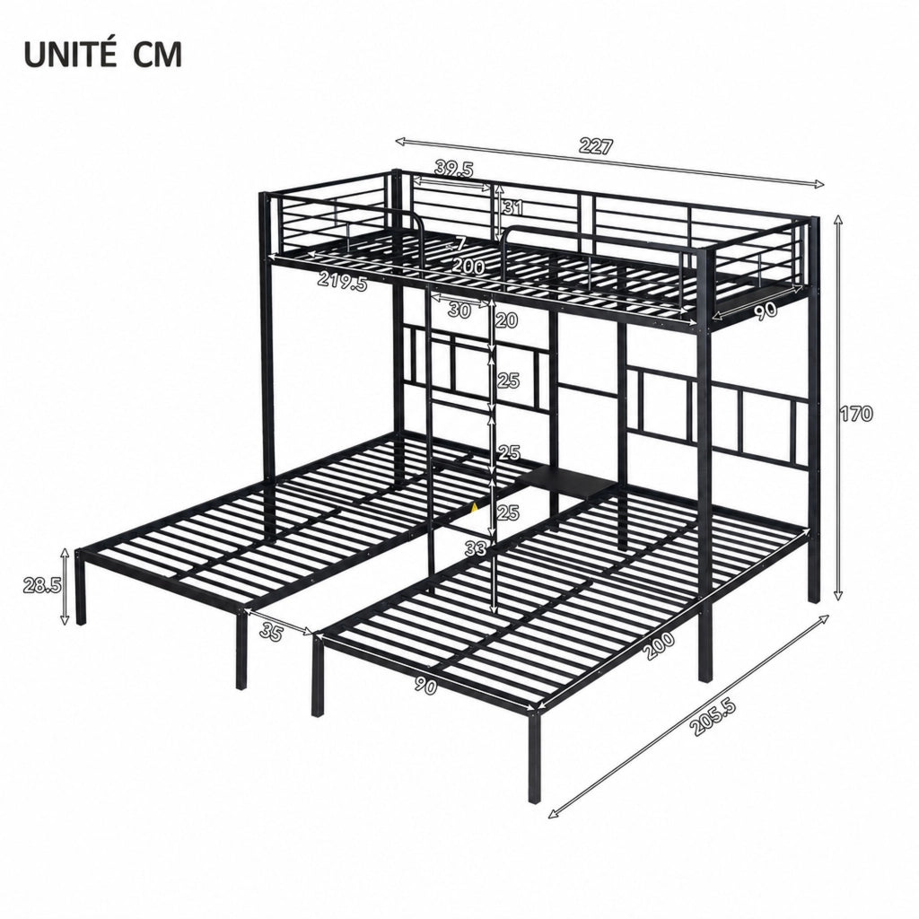DESMIU Letto a castello 3 posti 90 × 200 cm con scala, tavolo integrato, senza materasso, in metallo, nero