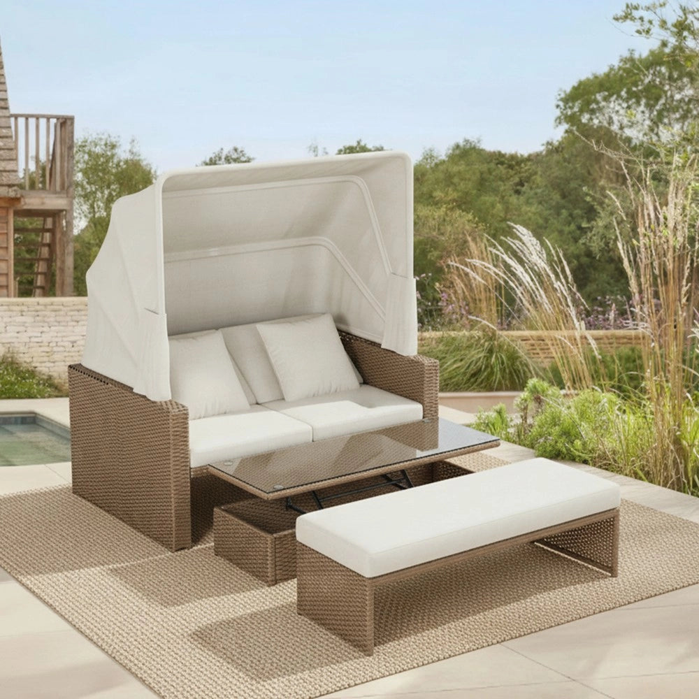 Divano da giardino in polyrattan - Zephmum - Per 2-4 persone, tavolino regolabile, tenda removibile, PE rattan e schiuma, kaki