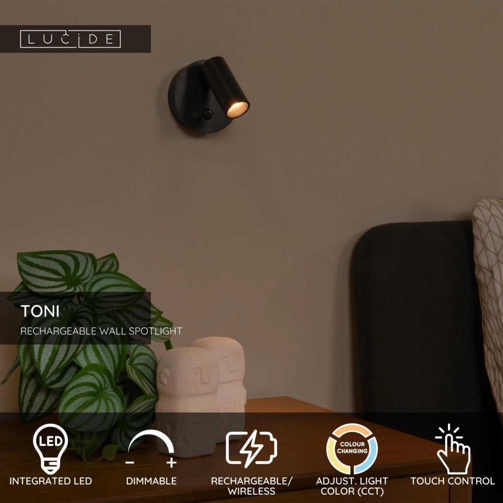 Faretto da parete LED wireless nero PIR Lucide TONI