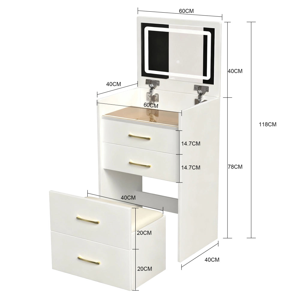 Tavolo da trucco 60x40x118 cm con specchio apribile; MDF bianco