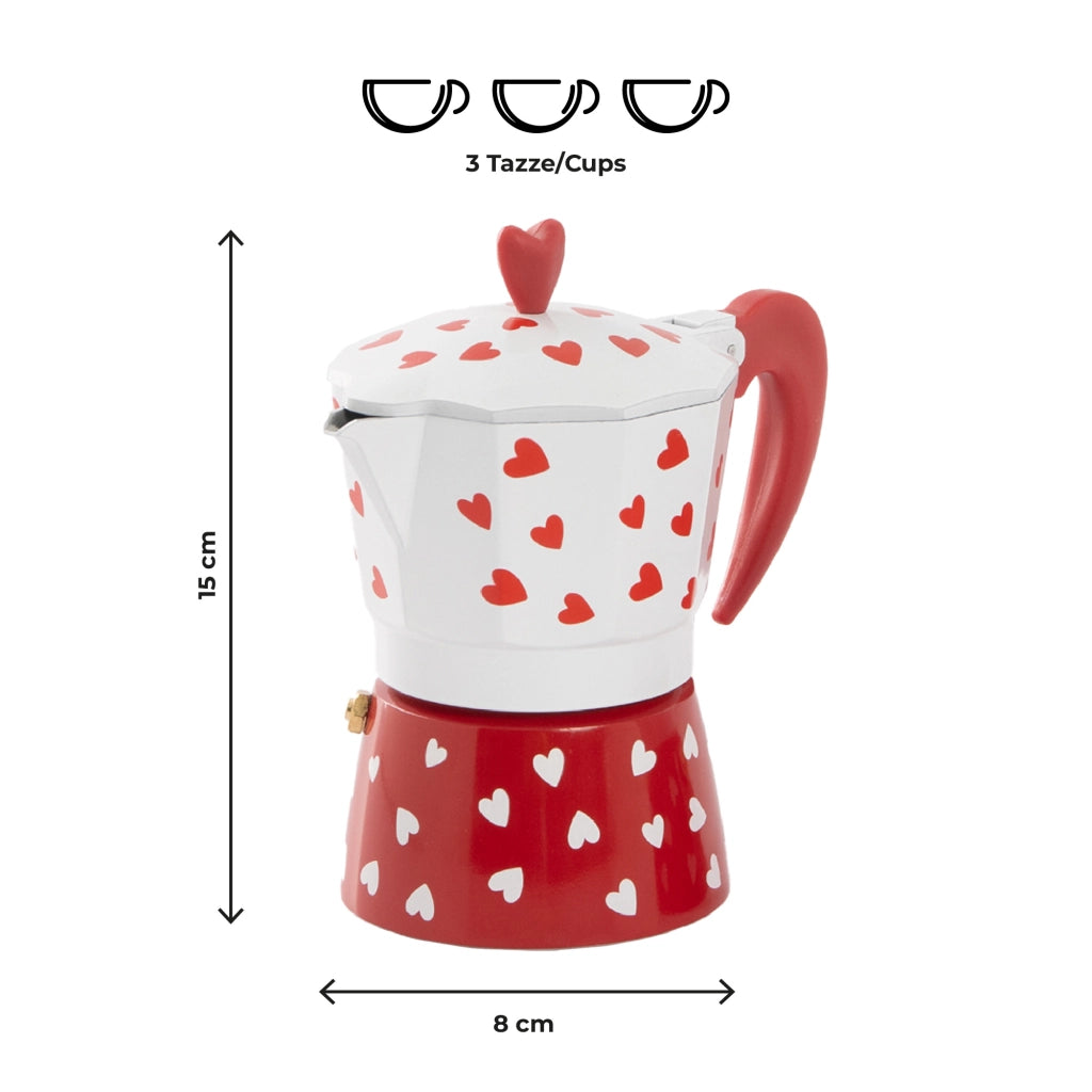 Caffettiera Moka Caffè 3 Tazze in Alluminio Bianca e Rossa con Cuori, Manico Ergonomico