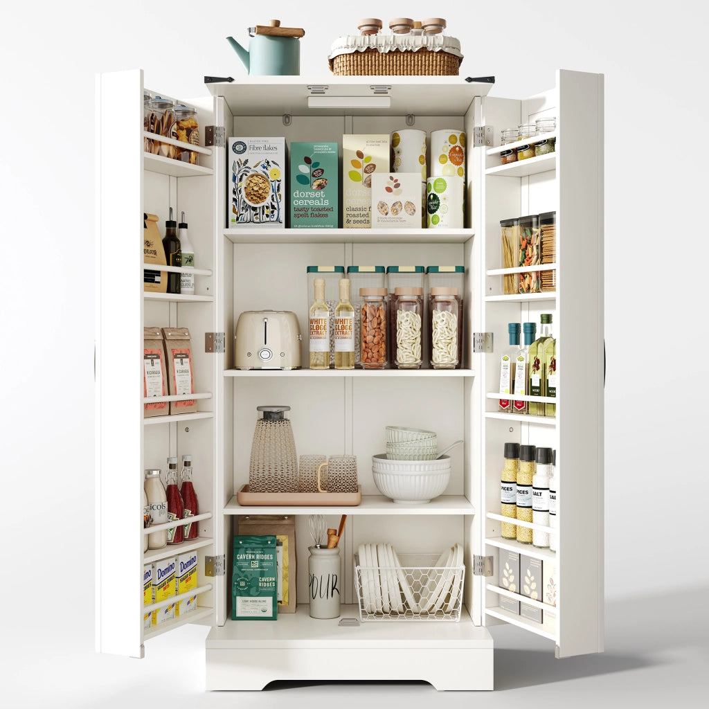 Mobile Dispensa 60x35x128;5 cm Bianco con LED; 2 Ante; Ripiani Regolabili e Portaoggetti Stile Farmhouse