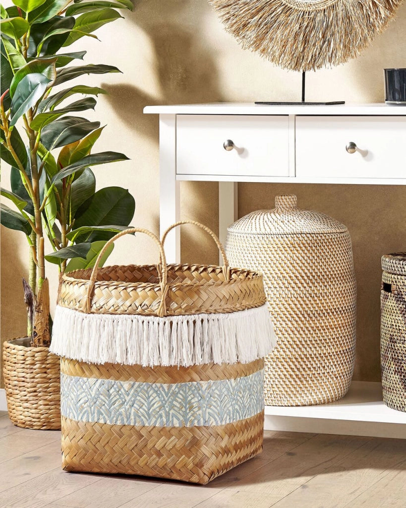 Cesto in legno di bambù naturale bianco blu 42 cm con maniglie stile rustico boho
