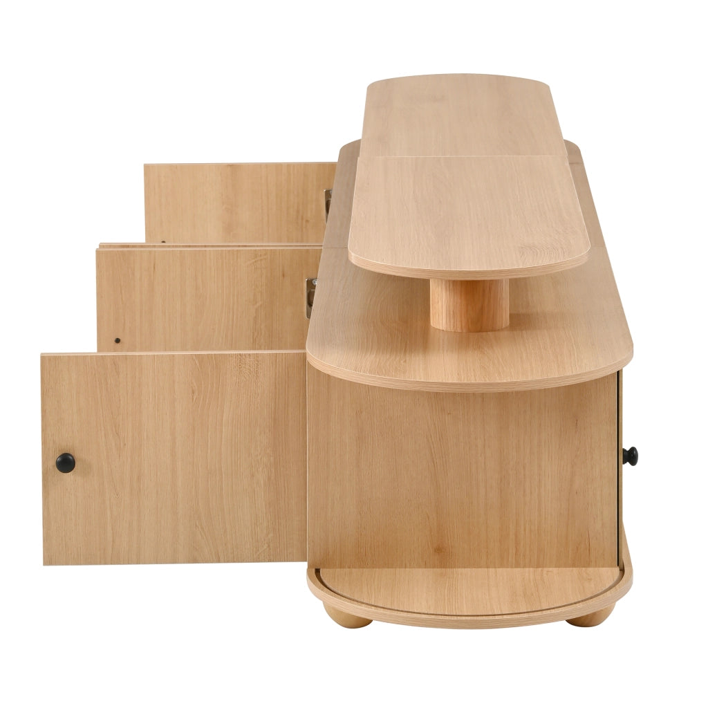 Mobile porta TV ovale a doppio livello con 4 ante e 2 porte scorrevoli, LED ambiente, per soggiorno, naturale 180 × 40 × 48 cm