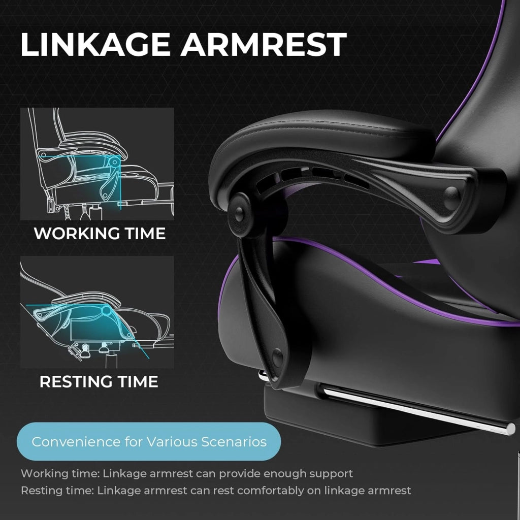 Sedia da Gaming, Ergonomico Sedia da Ufficio, con Massaggiante poggiapiedi e supporto lombare, Schienale Regolabile 90-135°, Portata 150 kg, sedia per computer, Viola