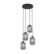 Lampadario 4 Luci Selene Base Tonda In Acciaio Nero E Vetri Plissettati Fumè