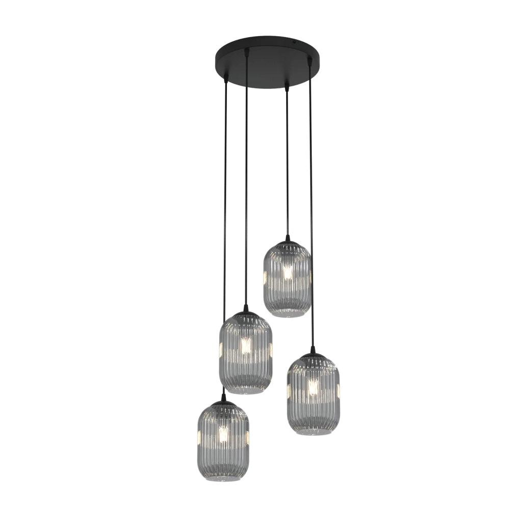 Lampadario 4 Luci Selene Base Tonda In Acciaio Nero E Vetri Plissettati Fumè