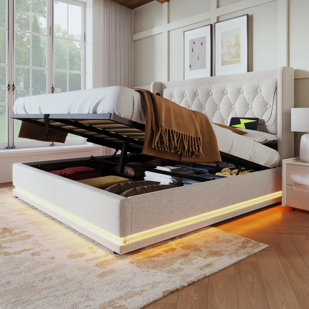 OKWISH Letto Contenitore 160×200 cm, Letto Matrimoniale con USB, Tipo C, LED Regolabile e Testiera Imbottita, senza Materasso, Cotone, Beige