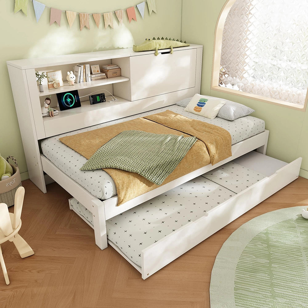 Letto singolo con divano letto - Xylo - 90¡Á200 cm - Bianco - Con ripostiglio, ricarica USB/USB-C, senza materasso