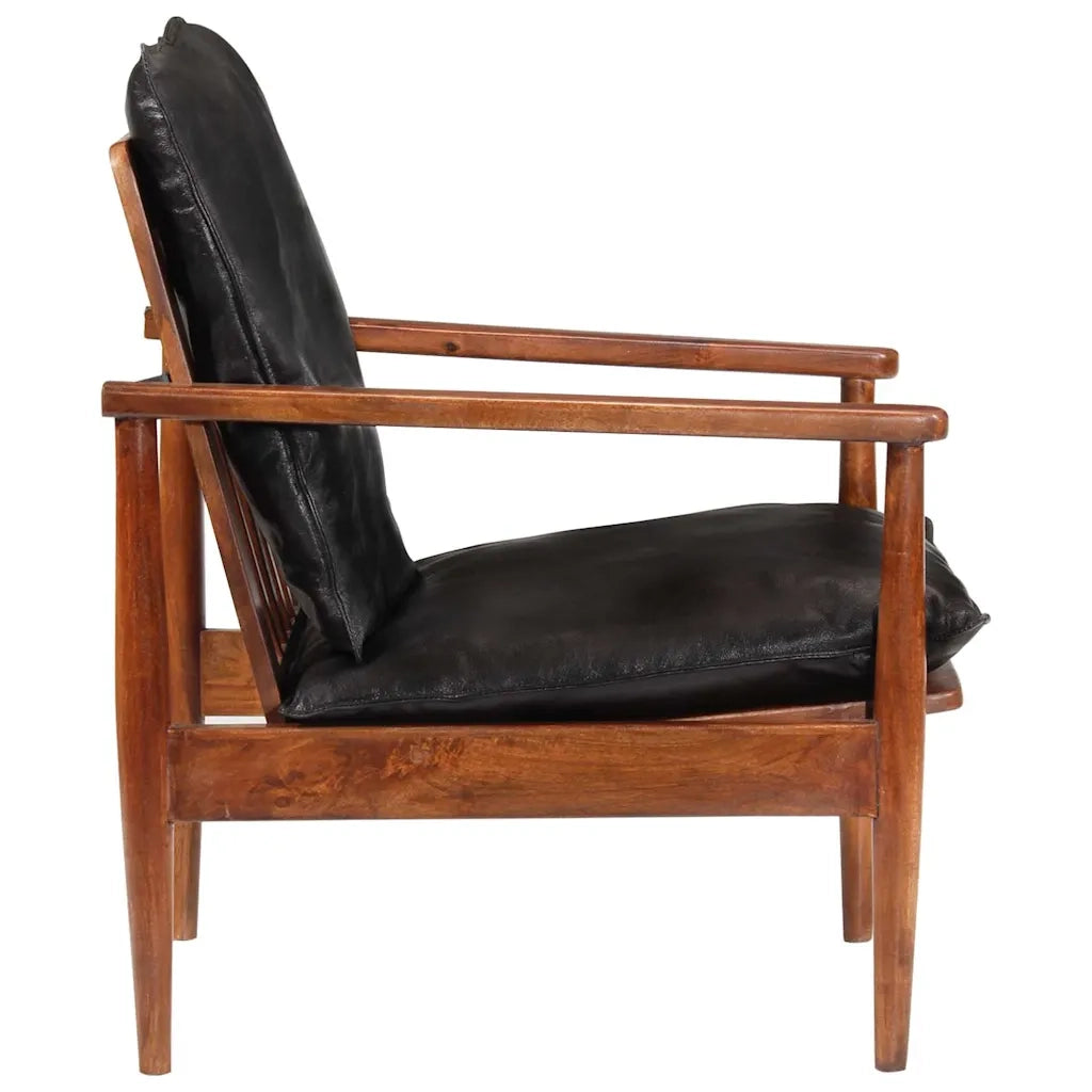 Divano Sedia-Poltrona Nera in Vera Pelle e Legno Massello di Acacia
