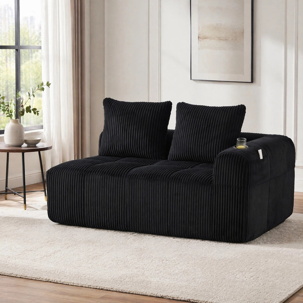 Divano 2 posti in corduroy nero 158x93x61 cm con tasche laterali e portabicchieri