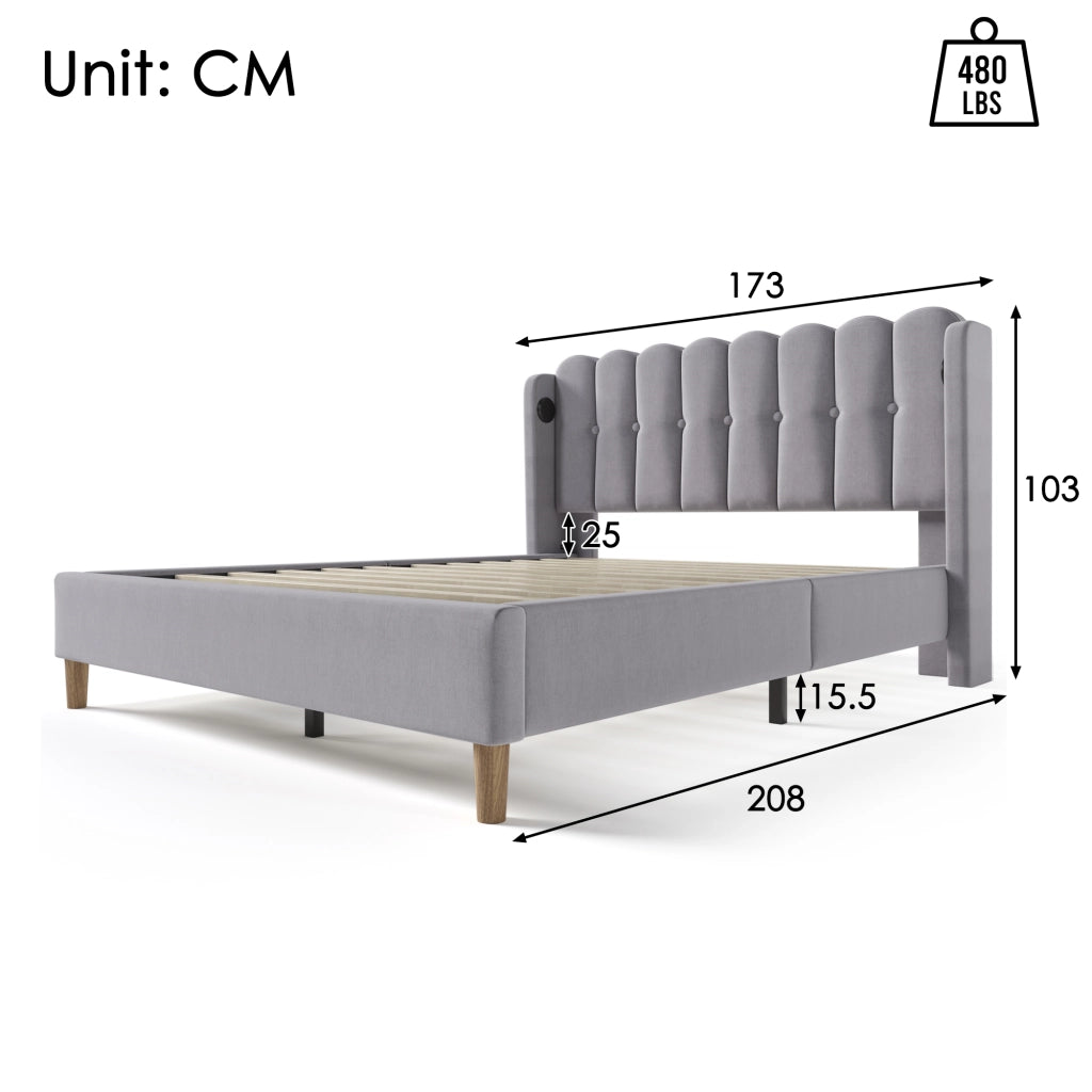 OKWISH Letto Imbottito 160×200 cm, Letto Matrimoniale con Porte USB e Tipo C, Testiera Imbottita, senza Materasso, in Lino, Grigio