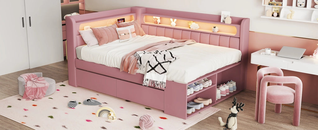 Divano Letto Imbottito 90x200 cm con Porta USB, Striscia LED, Scarpiera e 2 Cassetti, Rosa
