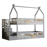 Letto a Castello 90x200 cm; Letto Singolo - Tetto; Scala con Cassetti - in Legno - Grigio