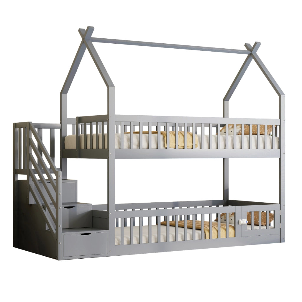 Letto a Castello 90x200 cm; Letto Singolo - Tetto; Scala con Cassetti - in Legno - Grigio