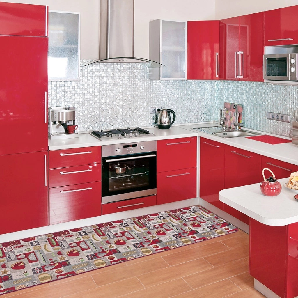 Tappeto Cucina Assorbente Bordato Antiscivolo Frutta e Verdura Passatoia Lavabile 52x110 Cm Bordeaux