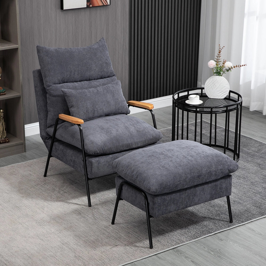 Poltrona Relax Reclinabile con Pouf Poggiapiedi in Velluto a Costine Grigio