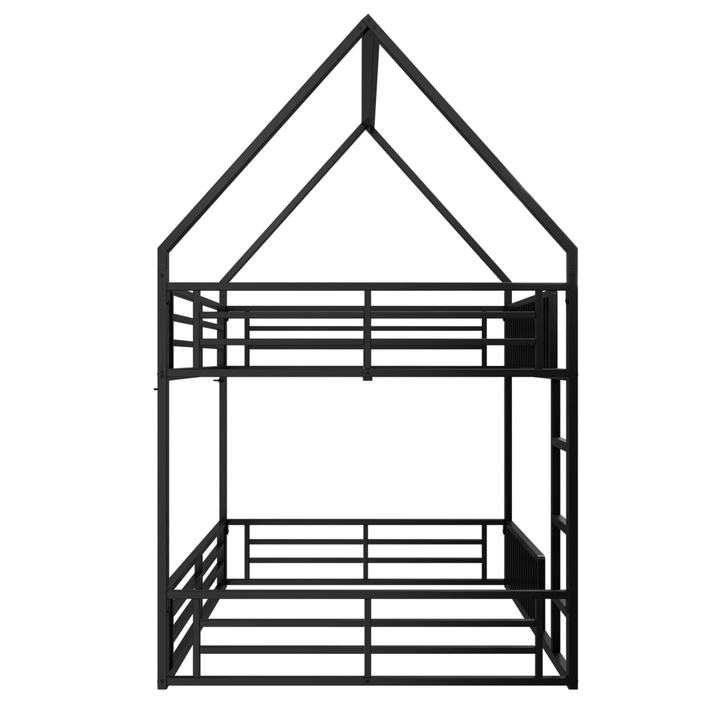 Letto a castello a forma di casa 140x200 cm in metallo nero con luce LED