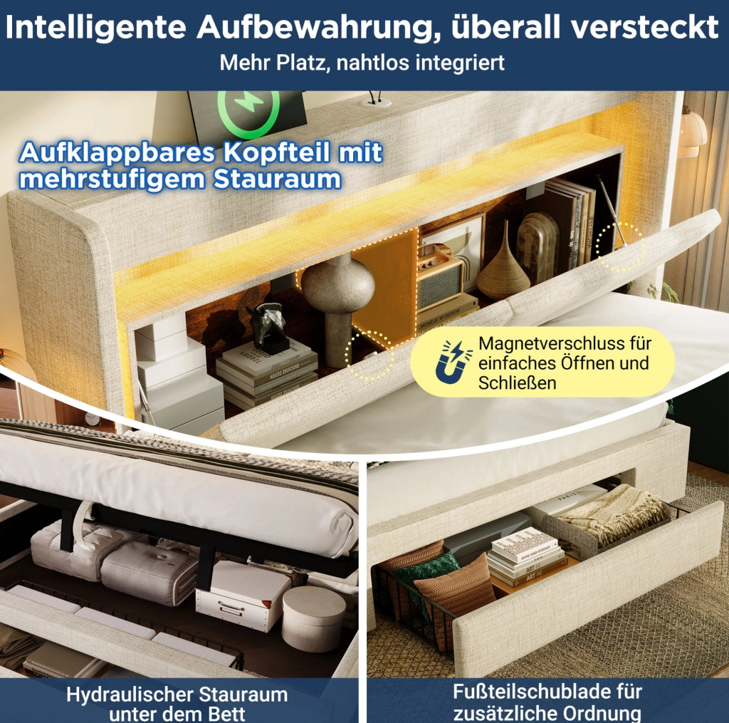 Letto imbottito 140x200 cm con contenitore; LED; USB e materasso; beige