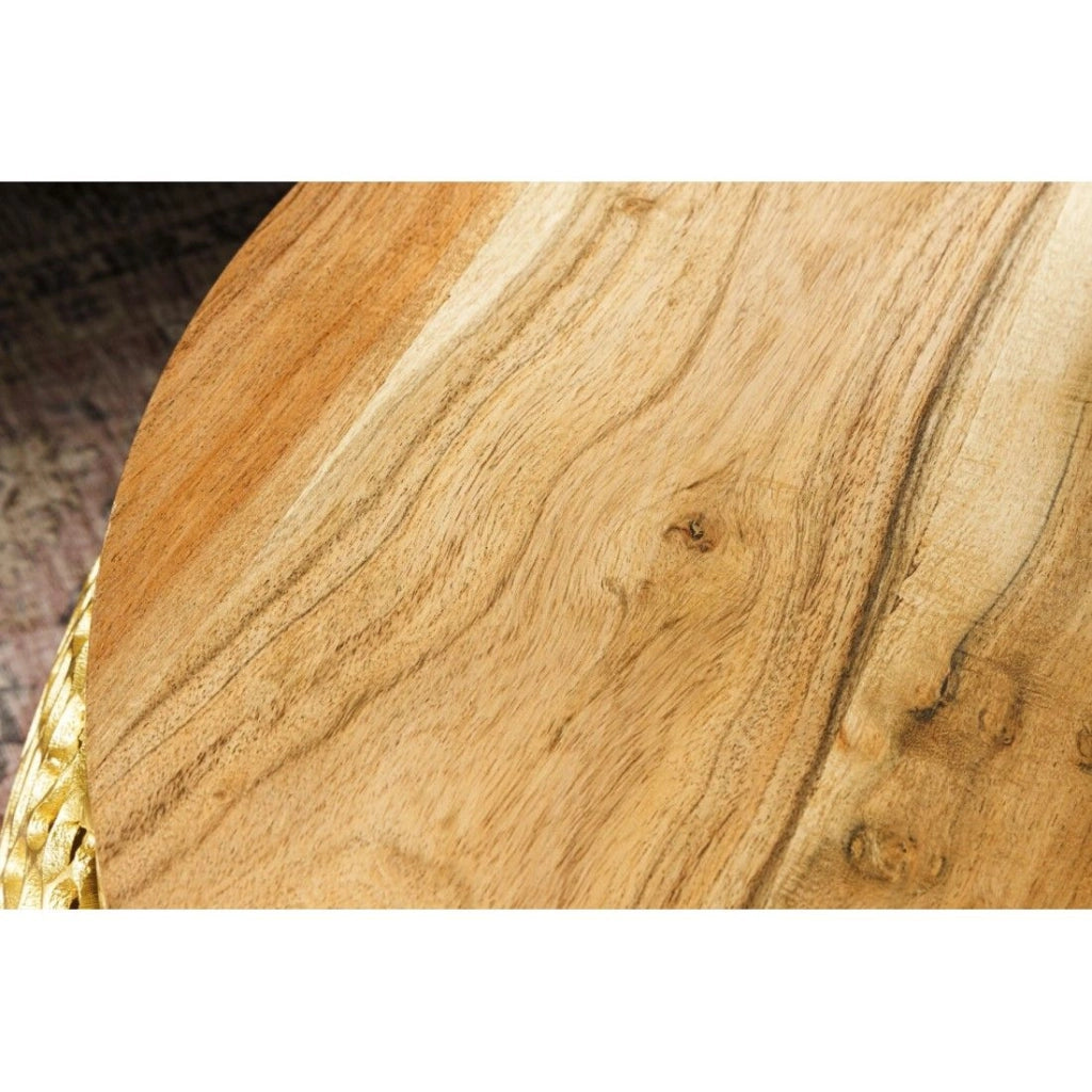 Table bassa METRIX rotonda 72 cm dorata con piano in legno di acacia – Tavolino design in alluminio e legno massiccio