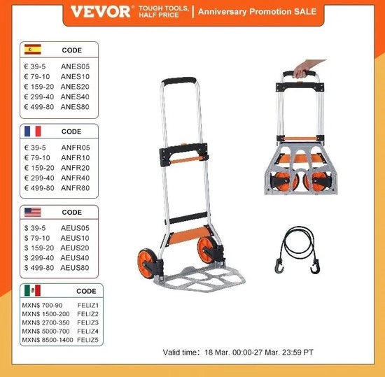 Carrello di trasporto pieghevole con piatto portante in acciaio inossidabile - Massimo carico 140 kg - Maniglia telescopica