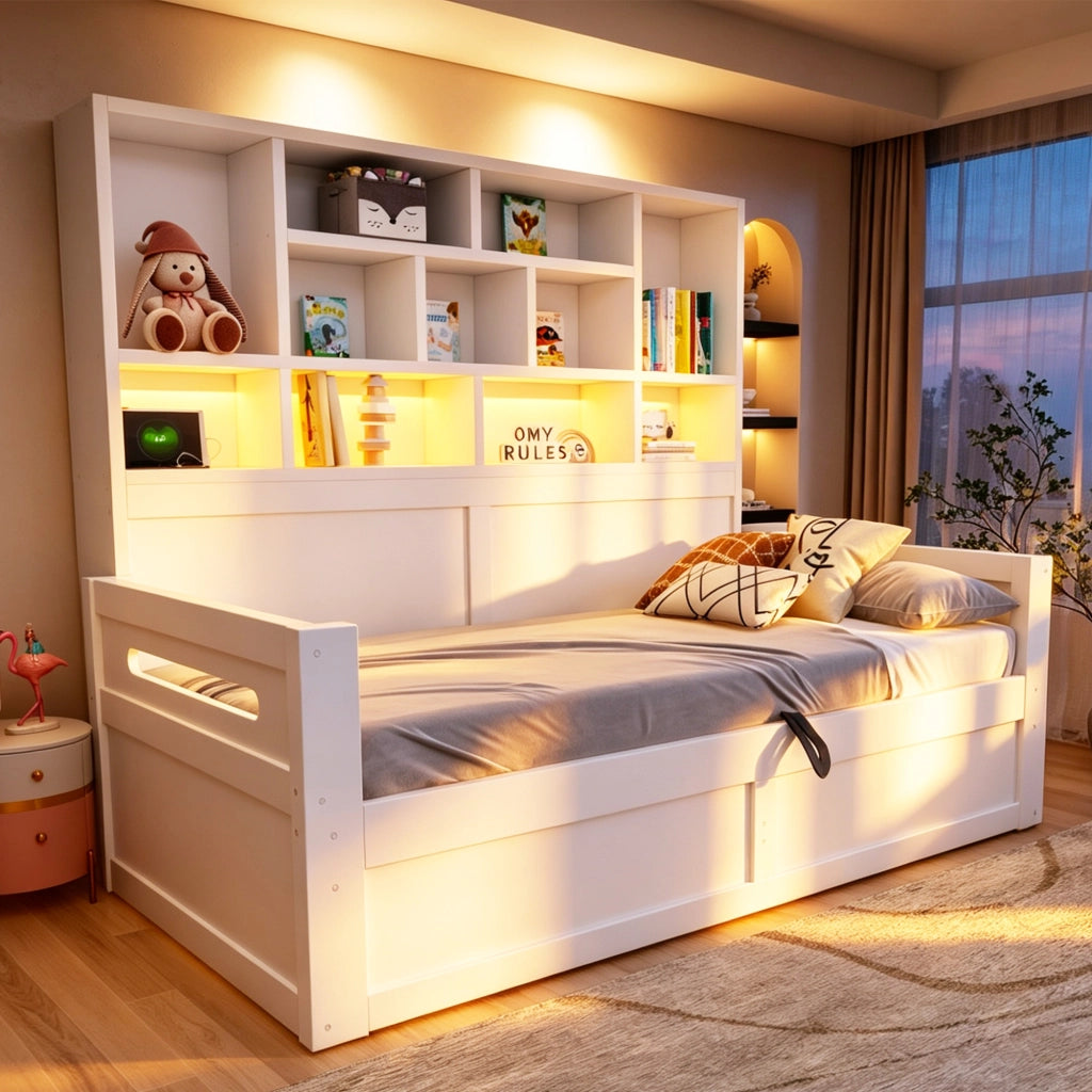 Letto contenitore 90x200 cm con sollevamento idraulico; LED; USB e ripiani portaoggetti; MDF bianco