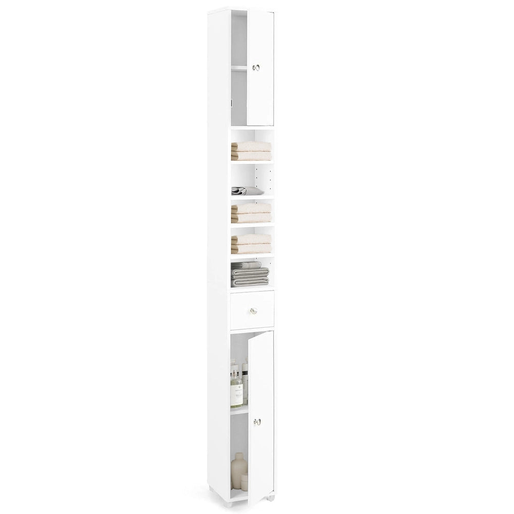 Mobile Bagno a Colonna Slim 20x20x180 cm con 2 Ante 1 Cassetto 5 Ripiani in Legno Bianco