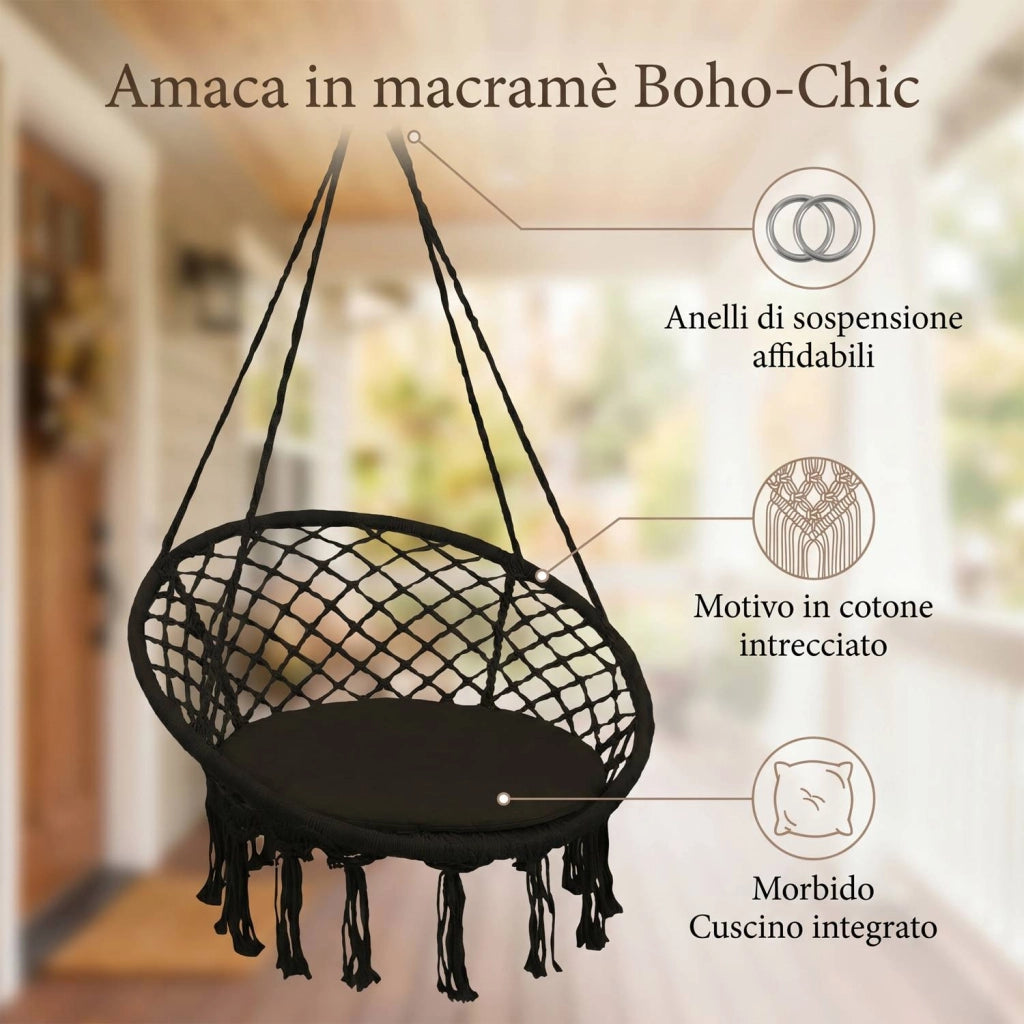 Marvin Poltrona sospesa da Giardino Polinesia Sedia a Dondolo Seduta Imbottita con Cuscino Amaca da Appendere 60x80 Nero