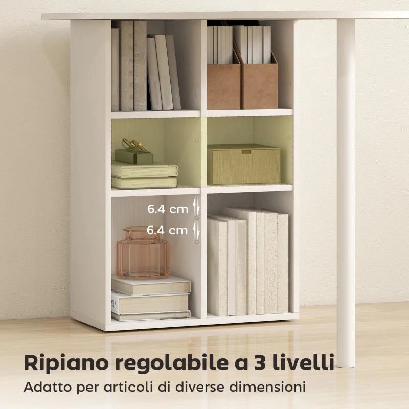 SCRIVANIA PER CAMERA RICURVA CON 6 RIPIANI E 4 SCAFFALI REGOLABILI, IN ACCIAIO E LEGNO, 100X59X75.5 CM, BIANCO
