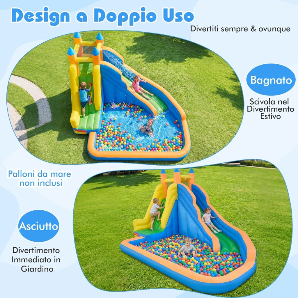 Castello Gonfiabile per Bambini, 3 in 1 Giochi Gonfiabili con Scivolo, Piscina e Parete di Arrampicata, Parco Acquatico da Esterno per Giardino e Prato, per Bmbini 3-12 Anni