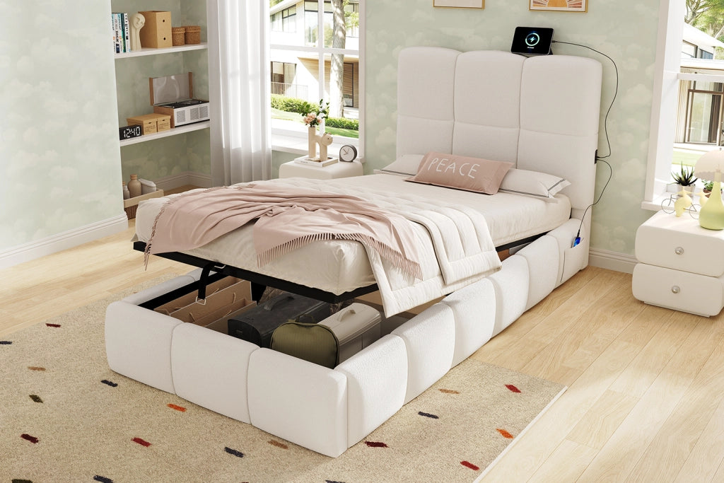 DESMIU Letto per bambini 90 × 200 cm con USB, Type-C e contenitore idraulico, senza materasso, bouclé, beige