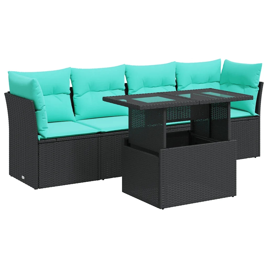 Set Divani da Giardino 5 pz con Cuscini Nero Polyrattan Acacia