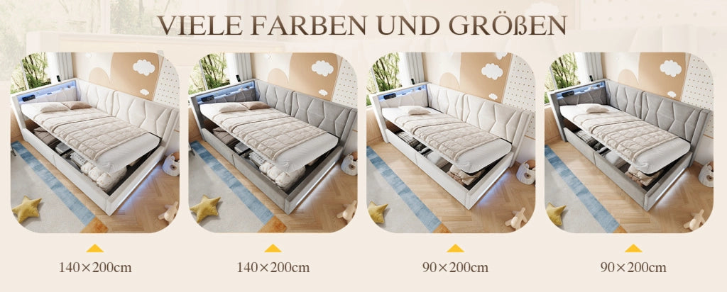 Letto imbottito 140x200 cm in velluto beige con contenitore, LED, USB e Type-C