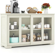 Armadietto da Cucina Mobile Laterale Multiuso con Ante Scorrevoli, in Legno e Vetro, 106,5 x 33 x 62,5 cm (Bianco Crema)