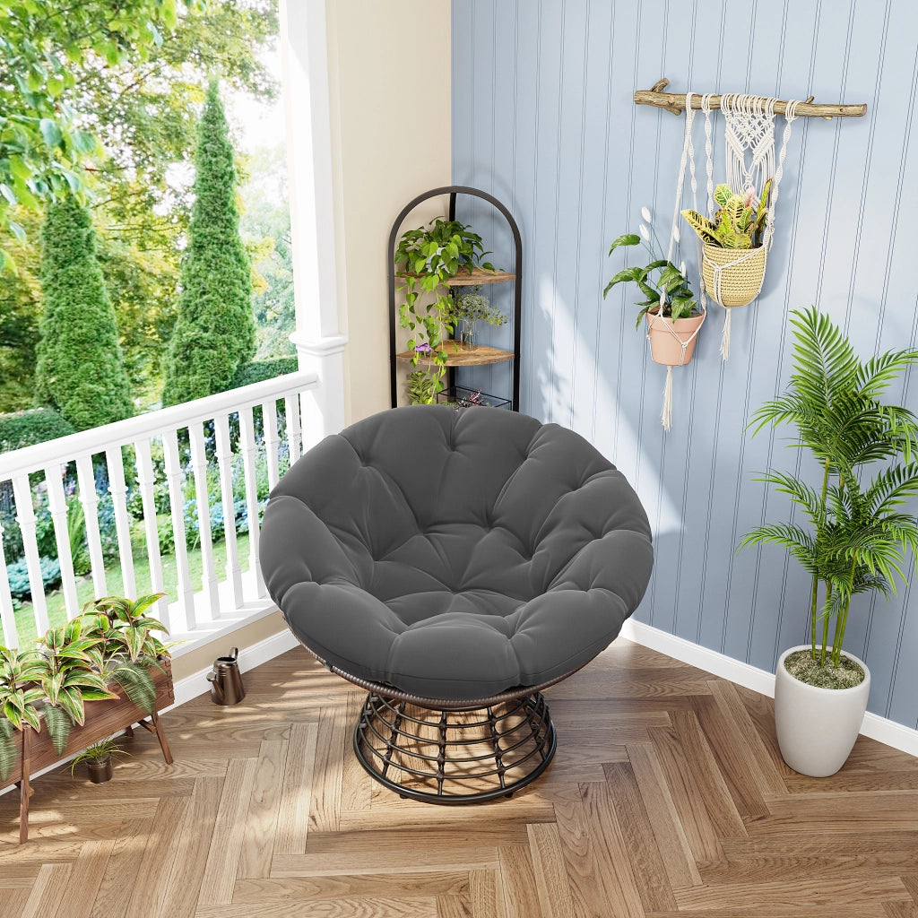 Poltrona Papasan Girevole Ergonomica con Cuscino Imbottito per Soggiorno Camera o Terrazza in Acciaio Grigio 92 x 67 cm