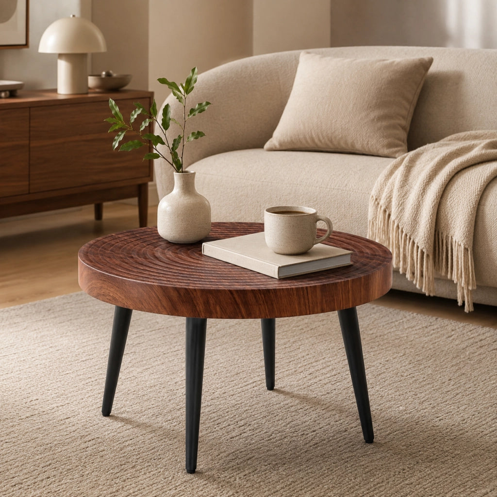 Tavolino rotondo ?60 cm in MDF effetto noce con gambe in metallo nero