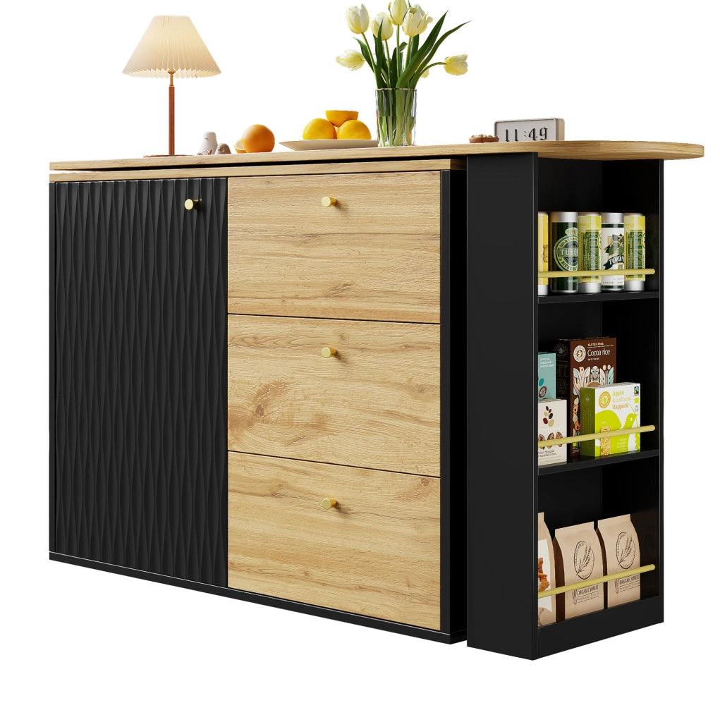 Tavolo bar allungabile e girevole 360° con vano snack, 3 cassetti e ripiani, MDF nero