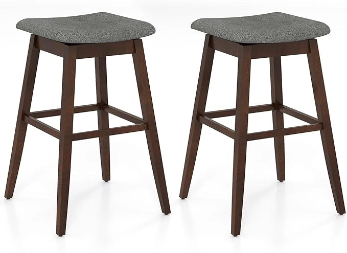 Set di 2 Sgabelli da Bar Girevoli, Sedie Ergonomiche in Tessuto di Lino con Seduta Imbottita, Poggiapiedi e Gambe in Legno di Gomma, Portata 140 kg, per Isola Cucina, Soggiorno e Pub