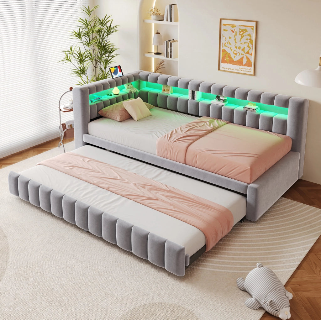 Divano letto estraibile 90 x 200 cm con LED, USB-C e velluto grigio chiaro