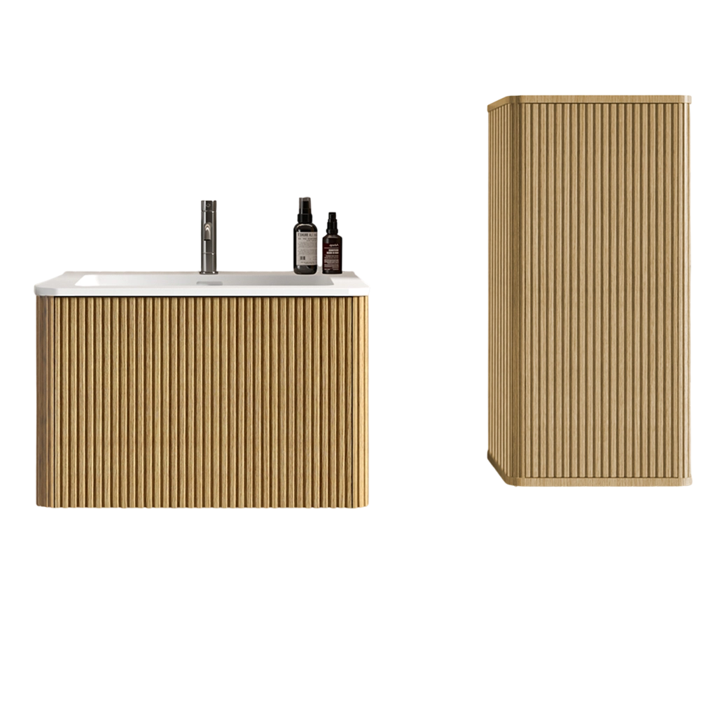 Mobile bagno con lavabo e colonna laterale; 2 elementi; design moderno per bagno; rovere e bianco; 60 cm