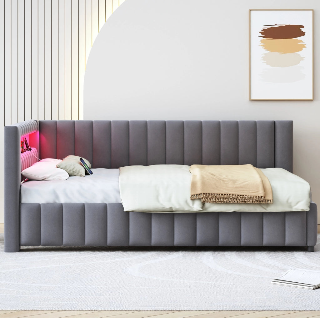 Letto imbottito angolare 140x200 cm in velluto grigio con LED e porta USB
