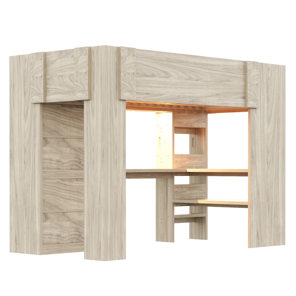 Letto a soppalco 90x200 cm con scrivania, armadio, ripiani e LED in MDF color legno