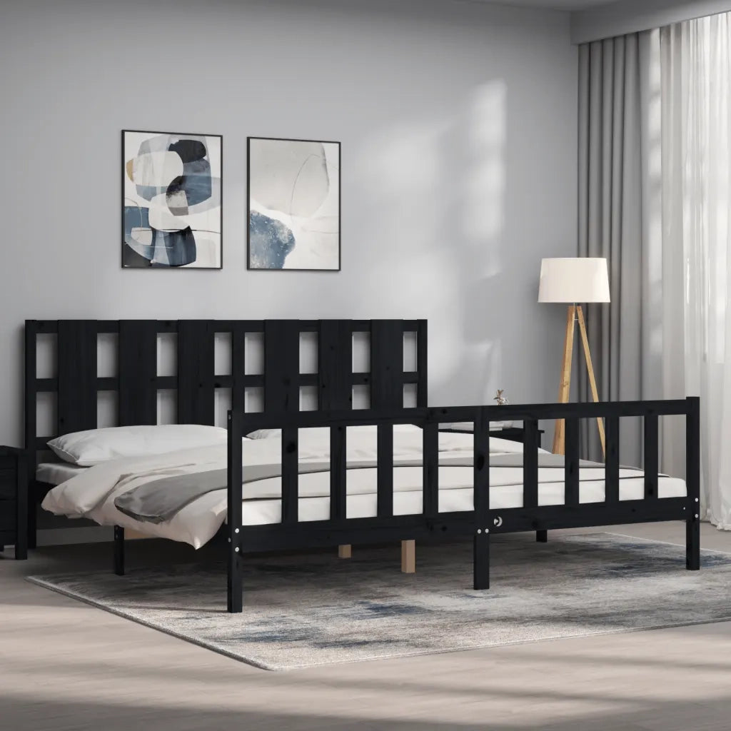 Giroletto con Testiera-Struttura Letto con testiera Nero 200x200 cm in Legno Massello 513338