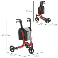 Deambulatore ad Altezza Regolabile con 3 Ruote e Tasca Portaoggetti, in Alluminio, 68x68x86.5-99 cm, Rosso
