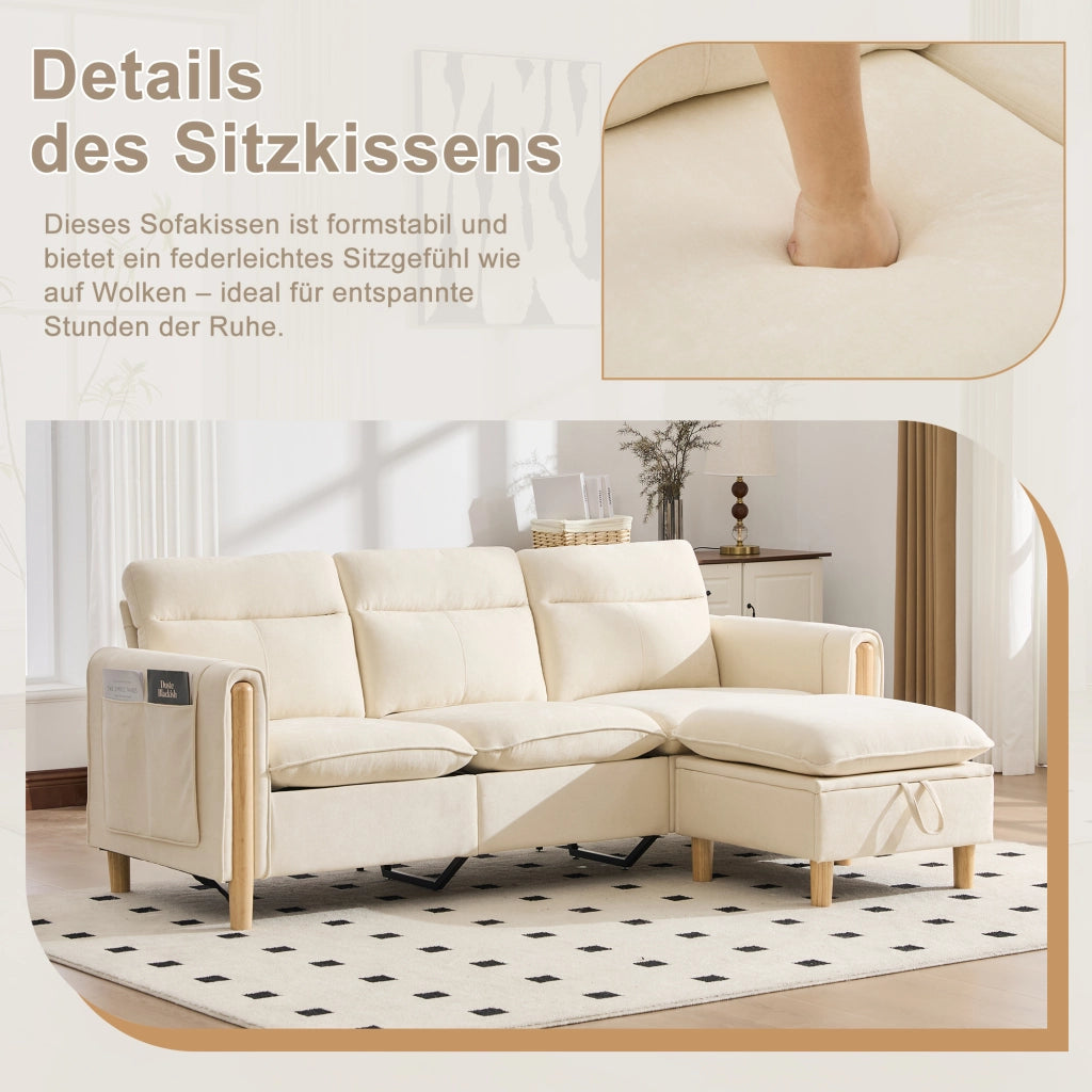 Divano ad angolo modulare in chenille con pouf contenitore e tasche laterali in legno beige per piccoli spazi