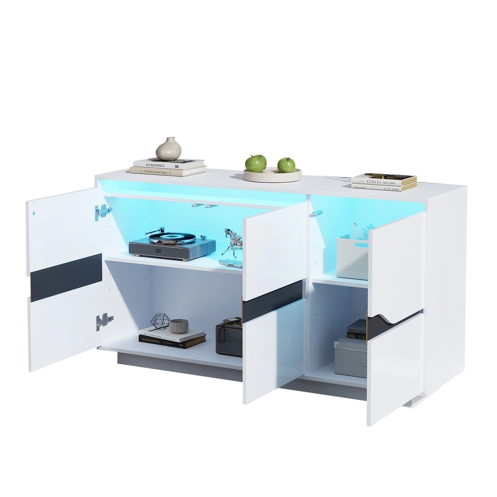 Credenza Soggiorno con LED ¨C MINIMAL ¨C Bianco e Nero Lucido, 140x40x70